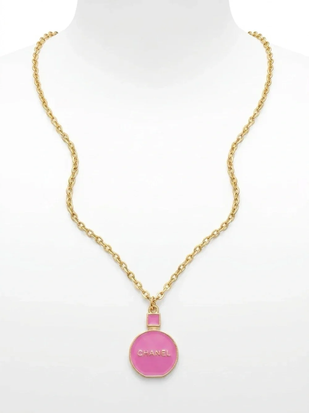 Gold-Tone Necklace with Pink Enamel Round Pendant